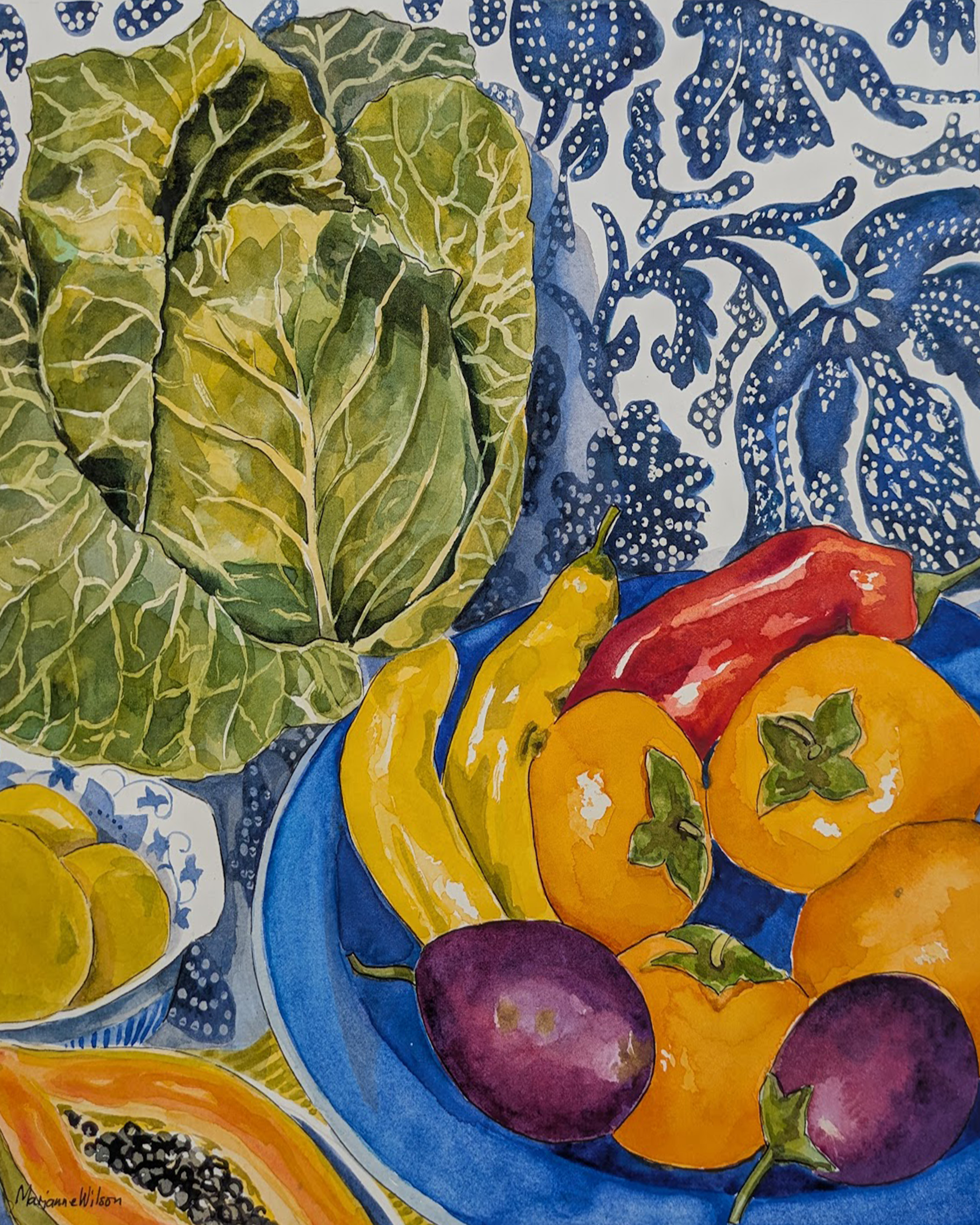 Oxley Market Produce on Batik, Watercolour on Archers Paper
